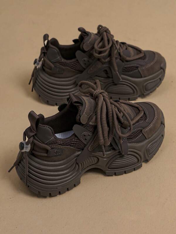 New Platform Wedge Thick Bottom Increased Height Women's Shoes, Ladies Casual Breathable Mesh Chunky Chunky Sneakers, Leather Patchwork Fashion Personalized Female Student Shoes, Elegant Ladies Mallard Style Street Snap Outdoor Shoes, Stylish Women Sports Shoes