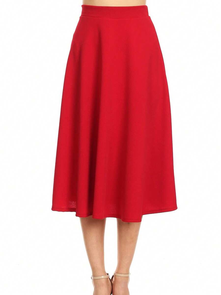 Solid Basic Casual Elastic Waist A-Line Flared Midi Skirt (S-3XL)  Plain  Elegant  Casual  Polyester        Office  Daily - Đỏ - Xem 1