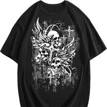 Veenajo Men's Gothic Graphic Tees Skull Print Drop Shoulder Short Sleeve Y2K Streetwear Tshirt Top - 黑色 - 查看 1