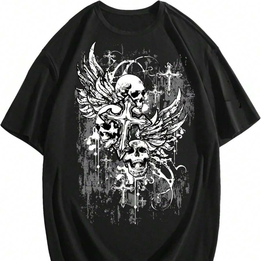 Veenajo Men's Gothic Graphic Tees Skull Print Drop Shoulder Short Sleeve Y2K Streetwear Tshirt Top - 黑色 - 查看 1