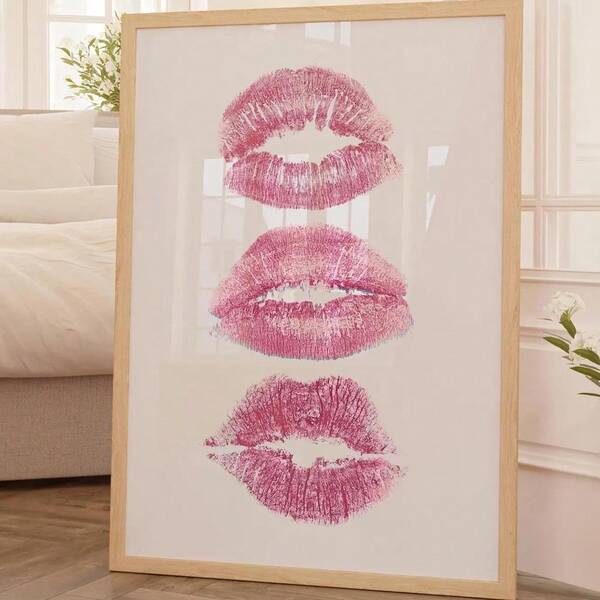 1pc, Wall Arts, Modern Posters, Pink Art Prints Fashion Wall Art Kiss Lips Wall Art Dormitory Wall Art Lips Print Preppy Style Dormitory Girly Style Fashion Wall Art Makeup Wall Decoration, Frameless ,Wall Art With Frame