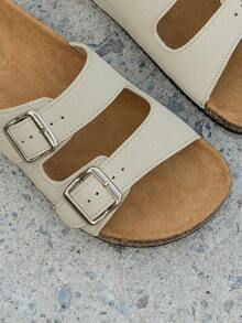 舒适女士时尚凉鞋 - 柔软、轻便、双扣、平底拖鞋、透气设计，适合夏季海滩和日常穿着 - 米色 - 查看 7