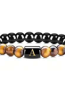 1pc English Letter Pattern Tiger Eye Stone Beaded Elastic Bracelet For Men, Old Money Initial Bracelet For Daily Use, Gift For Men - Multicolor - View 22