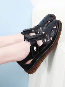 Damen Outdoor Lässig Sandalen aus PU-Leder, Einfarbig, Retro-Stil, sportlich, verstellbarer Klettverschluss, geeignet für Frühling & Sommer