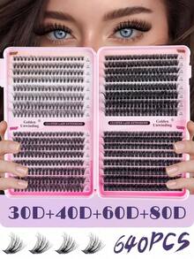 MEM 640pcs Eyelash Clusters, 30D+40D+60D+80D, DIY Eyelash Extension Faux Mink Lashes - Premium D-Curl Fluffy Natural Lash Clusters, Suitable For DIY Eyelash Extension - Reusable, Lightweight And Easy To Apply - D - 查看 8