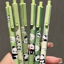 6 Stücke Set Panda & Bambus süße & stilvolle Kugelschreiber mit Druckknopf, minimalistisches Design, langanhaltend, geeignet für Mädchen, mit schwarzer Tinte