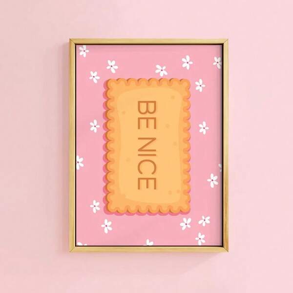 1pc, Wall Arts, Vintage Posters, Be Nice Biscuit Quote Art Print Kitchen Scallop Daisy Pink Cute Vintage Food Positive Gallery Bold, Unframed ,Wall Art With Frame