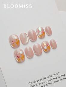 10Pcs Handmade Press-On Nails With Floral Print, Short Length, Reusable Nail Wraps Nail Supplies Nails - Pink - View 1