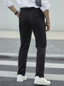 Simple Versatile Button & Zipper Business Casual Pants For Men, Solid Color Elastic Lightweight Trousers For Four Seasons - Black - View 2