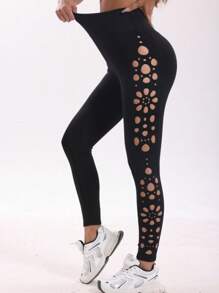 Women's Solid Color High Waist Hollow Out Yoga Tights