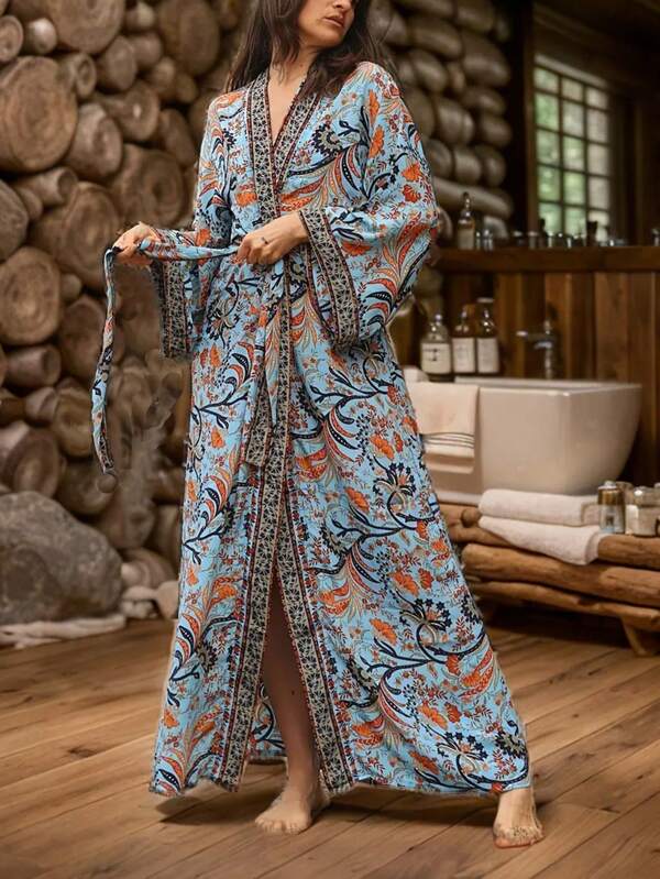 Plus Size Retro Bohemian Printed Long Kimono Beachwear Cover Up For Women, Chic Easter/Summer Beach Resort Holiday Swimsuit Shawl