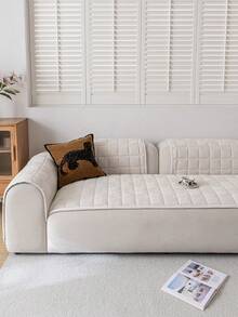 1pc Embroidered Plush Sofa Cover, Solid Color Nordic Style Thickened 3D Design Sofa Protector, Non-Slip Anti-Scratch Sofa Slipcover For Living Room, Bedroom, Study, 1/2/3/4 Seater With Armrest & Backrest - 米色 - 查看 6