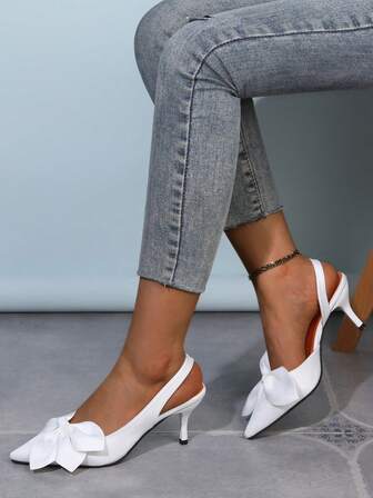 White High Heel Shoes, Women's Fashion Pointed Toe Stilettos, Satin Side Open Bowknot Slip-On