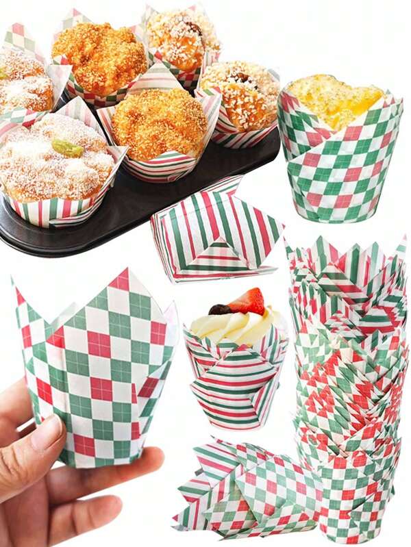 100/50pcs Red Striped Square Tulip Cupcake Liners, Oil Resistant Tulip Shaped Baking Cups, Suitable For Baking, Wedding, Party