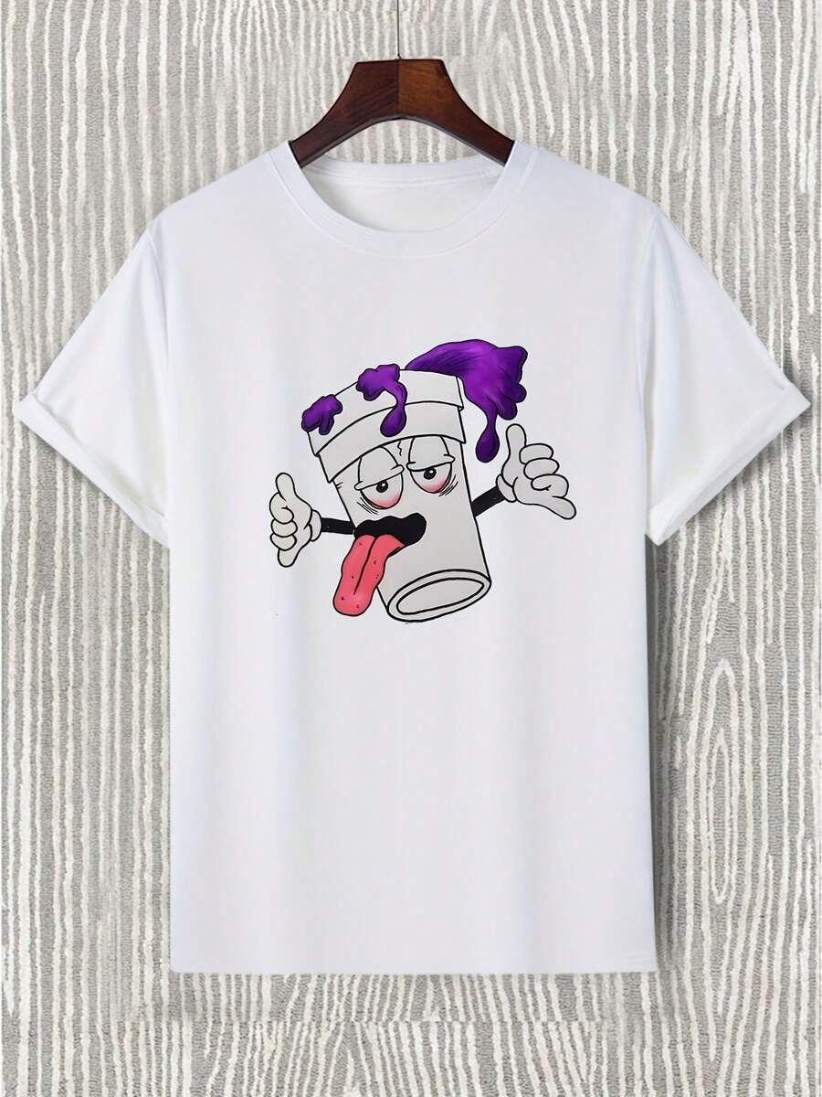 Casual, Fun Cartoon Graphic Print T-Shirt For Men, Summer Fashion Crew Neck T-Shirt - White - View 1