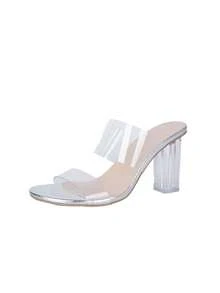 2025夏季新款透明水晶绑带时尚百搭简约粗跟凉鞋，适合拍照、宴会、直播，女士 - 銀色 - 查看 9