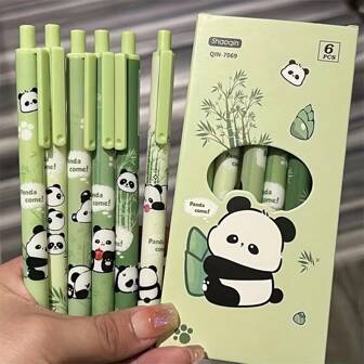 6pcs Set Panda & Bamboo Cute & Stylish Push-Button Ballpoint Pens, Minimalist Design, Durable, Suitable For Girls, With Black Ink