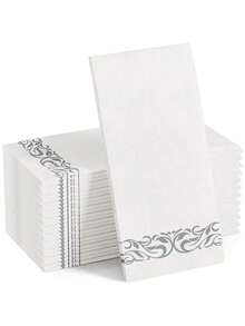 30pcs/Pack Disposable Linen-Feel Guest Hand Towels - White Decorative Napkins, Silver Floral Paper Towels, Suitable For Home Gatherings, Outdoor Parties, Weddings - Silver - View 1