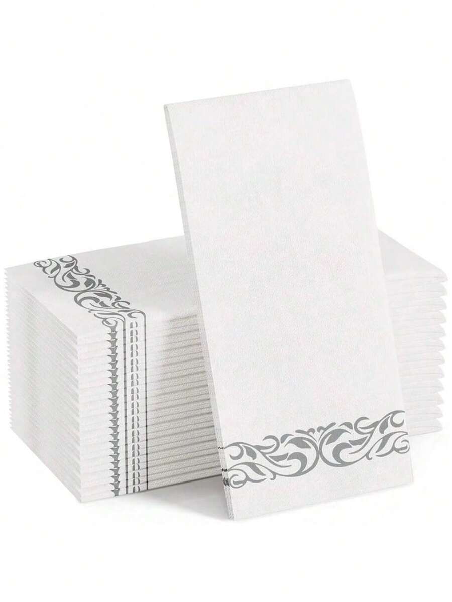 30pcs/Pack Disposable Linen-Feel Guest Hand Towels - White Decorative Napkins, Silver Floral Paper Towels, Suitable For Home Gatherings, Outdoor Parties, Weddings - Silver - View 1