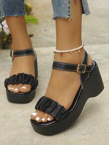 大码女式坡跟厚底凉鞋，新款夏季时尚优雅黑色褶皱绑带踝扣厚底凉鞋，适合日常穿着、婚礼、派对、工作、通勤、度假，舒适的厚底凉鞋 - 黑色 - 查看 1