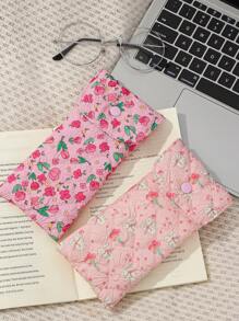 1Pc Cute Floral & Bow Knot Pattern Quilting Glasses Bag ,Travel Glass Pouch ,Girls Glasses Storage Box, Sunglasses Accessories Featuring A Cute Print Style, Cartoon Design, And A Girlish Heart Pattern, Perfectly Protecting Sunglasses And Making It A Great Gift For Summer Vacation ,Journey