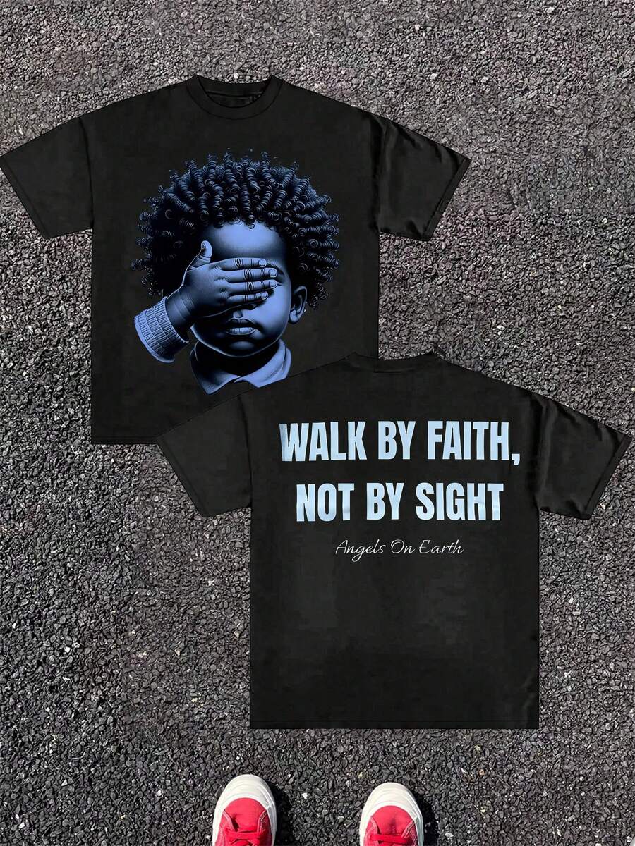 Men's Graphic Tees, Cotton Streetwear T-Shirt, Round Neck, Loose Fit, Fall & Holiday Travel, Unisex, Goth & Y2K Style, Print WALK BY FAITH NOT BY SIGHT