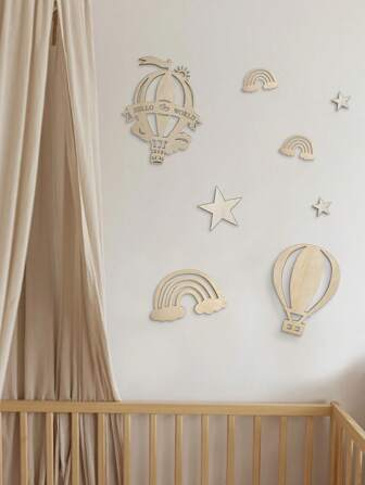 8 件套木制热气球、云朵、星星装饰，适用于儿童房、托儿所、幼儿园、墙壁装饰
