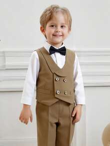 3pcs/Set Young Boys Formal Suit Outfit - Jacket + Vest + Pants + Bowknot, Party Holiday Costumes, Little Host Performance Wear, Gentleman Style, Spring - Coffee Brown - View 1