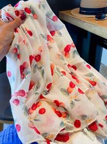 1pc Lightweight& Thin Chiffon Cherry Red Scarf, Sweet&Fresh Korean Style Versatile Sunscreen Shawl For Women, Summer