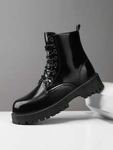 2024 新款亮面黑色高帮靴，带保暖内衬，保暖时尚休闲高端男士皮靴，秋冬款