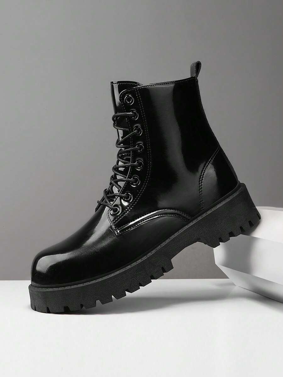 2024 新款亮面黑色高帮靴，带保暖内衬，保暖时尚休闲高端男士皮靴，秋冬款