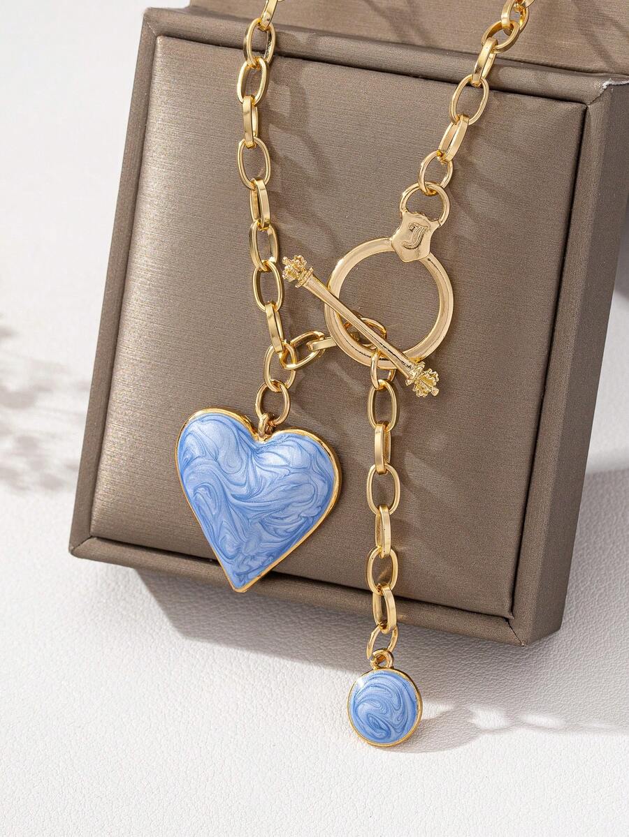1pc Fashionable 3D Alloy Oil Coated Convex Red Heart & Gold Water Drop Pendant Necklace - Baby Blue - View 1
