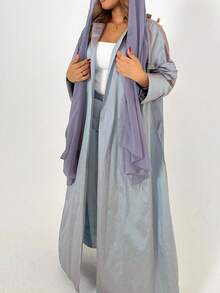 1pc Women Solid Simple Open Front Long Robe, Casual Fashion Elegant Satin Soft & Comfortable Modest Dress, Cardigan Abaya Middle East Arabic Dubai Modest Wear Suitable For Daily Gatherings, Outings And Festivals - Silver Gray - View 4