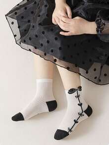 5 Pairs Girls' Socks, Black & White Bow, Stripe, Heart, Letter Mid-Calf Socks, Korean Ins Style Casual Sports Lace Socks, Suitable For Daily Casual & Sports Wear - Multicolor - View 6