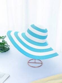 1pc Summer Female Sunshade Hat With Black And White Thick Stripes Along The Beach Straw Hat Sun Protection - Hot Pink - View 6