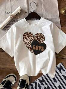 Set de 3 camisetas de manga corta de verano para niña preadolescente, con estampado de leopardo y corazón, de estilo informal y combinables