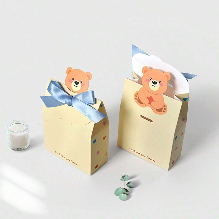 10 件可爱巧克力折叠礼盒，卡通蝴蝶结熊图案礼盒，派对礼品包装盒，生日糖果盒 - 彩色 - 查看 1