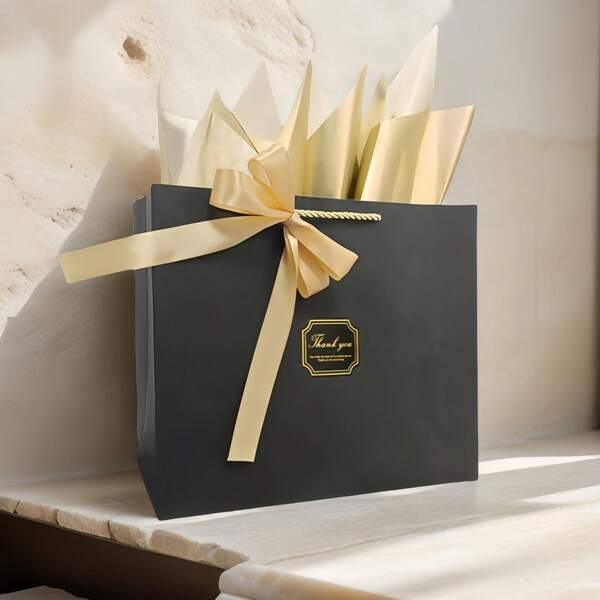 12/30pcs Elegant Minimalist Golden Foil "Thank You" Bowknot Gift Bags, Wedding/Birthday/Christmas/Valentine's Day Party Favor Bags For Family, Friends, Coworkers (Actual Color May Vary)