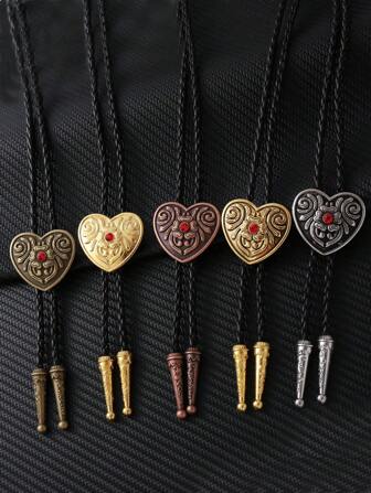 1pc Handmade Heart & Damask Floral Pattern Bolo Tie, Bohemian Style Necktie For Party & Gathering, Versatile Metal Bolo Tie Necklace, Unisex Western Cowboy Leather Cord Necklace For Dress For Christmas Decor