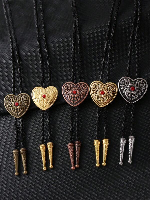 1pc Handmade Heart & Damask Floral Pattern Bolo Tie, Bohemian Style Necktie For Party & Gathering, Versatile Metal Bolo Tie Necklace, Unisex Western Cowboy Leather Cord Necklace