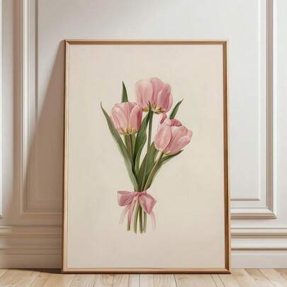 1 件，墙面艺术，现代海报，俏皮郁金香花束房间装饰粉色少女美学艺术 Y2k 可爱少女装饰腮红粉色蝴蝶结墙面艺术，无框