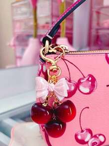 1pc Red Cherry & Pink Bow Simulated Fruit Keychain, Accessory For Women's Wallet, Outfit, Gift, ABS Plastic Material