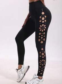 Women's Solid Color High Waist Hollow Out Yoga Tights