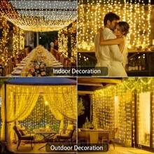 1 Peça 100/200/300 LED, 3X1/3X2/3X3M, Luzes de Cortina Alimentadas por Energia Solar com 8 Modos, Luzes de Fada Guirlanda Casamento Decoração de Natal para Casa Ramadã Festival Lâmpada, Luzes de Tira LED Solares de Fada, Luzes de Fada Solares Frescas de Jardim