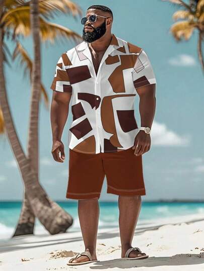 2pcs/Set Plus Size Men's Casual Printed Short Sleeve Shirt And Shorts Set, Minimalist Fashion Daily Wear, Men's Shirt Suit
