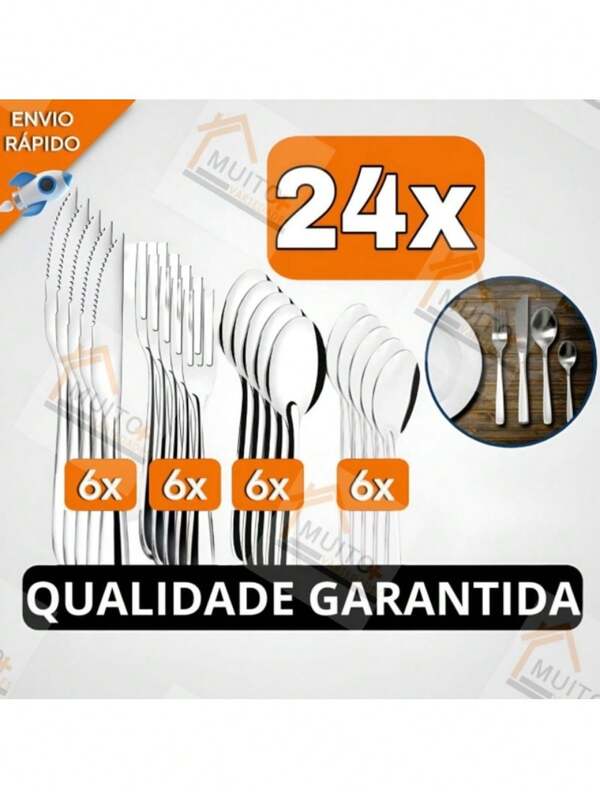 Jogo de Talheres 24 peças Aço Inox 6 Facas 6 Garfos de Mesa 6 Colheres e 6 Colher de Sobremesa