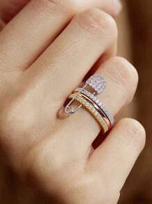 1 pezzo Anello da donna unico con design a 3 anelli e un singolo ago, decorato con zirconia cubica
