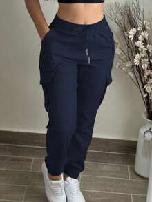Pantalones cargo de mujer de moda casual de unicolor minimalista con bolsillo, cintura elástica y cordón, para primavera - Verde militar - Ver 3
