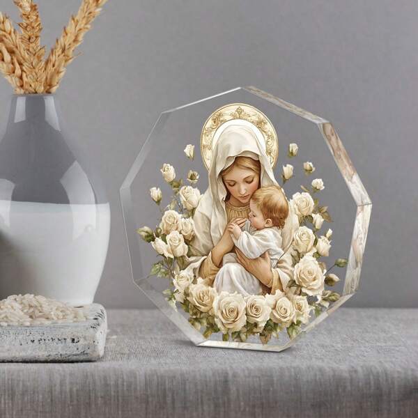 1 pieza Cartel acrílico de la Virgen María y el Niño Jesús con halo dorado - Decoración religiosa con rosa blanca | Regalo inspirador para mujeres | Decoración para el hogar/escritorio para Navidad, Acción de Gracias y todo el año
