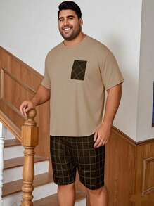 2pcs/Set Plus Size Men's Casual Loose Simple Pocket Round Neck Short Sleeve Plaid Shorts Pajama Set, Suitable For Spring & Summer